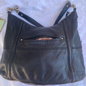 B. Makowsky Black Leather Shoulder Bag Golden Chain